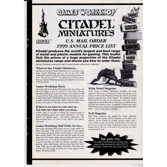 Citadel Miniatures 1999 Price List Games Workshop US Mail Order Catalog VG - Picture 1 of 6
